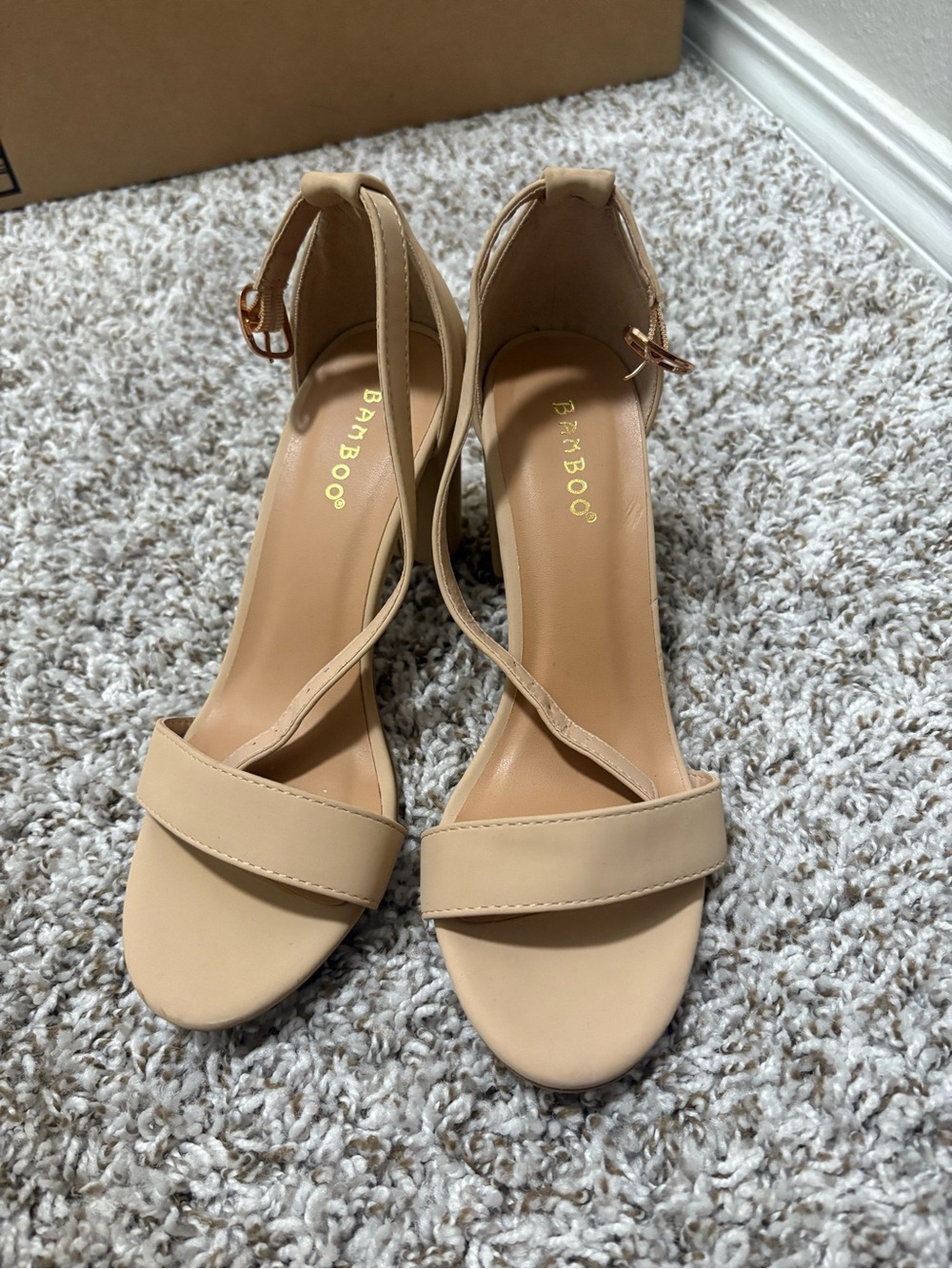 BAMBOO Beige Open-Toe Ankle Strap Heels